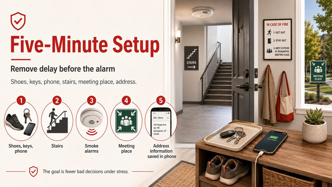 Five-minute apartment fire safety setup checklist illustration for renters