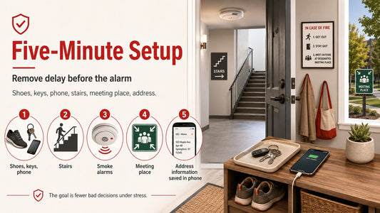 Five-minute apartment fire safety setup checklist illustration for renters
