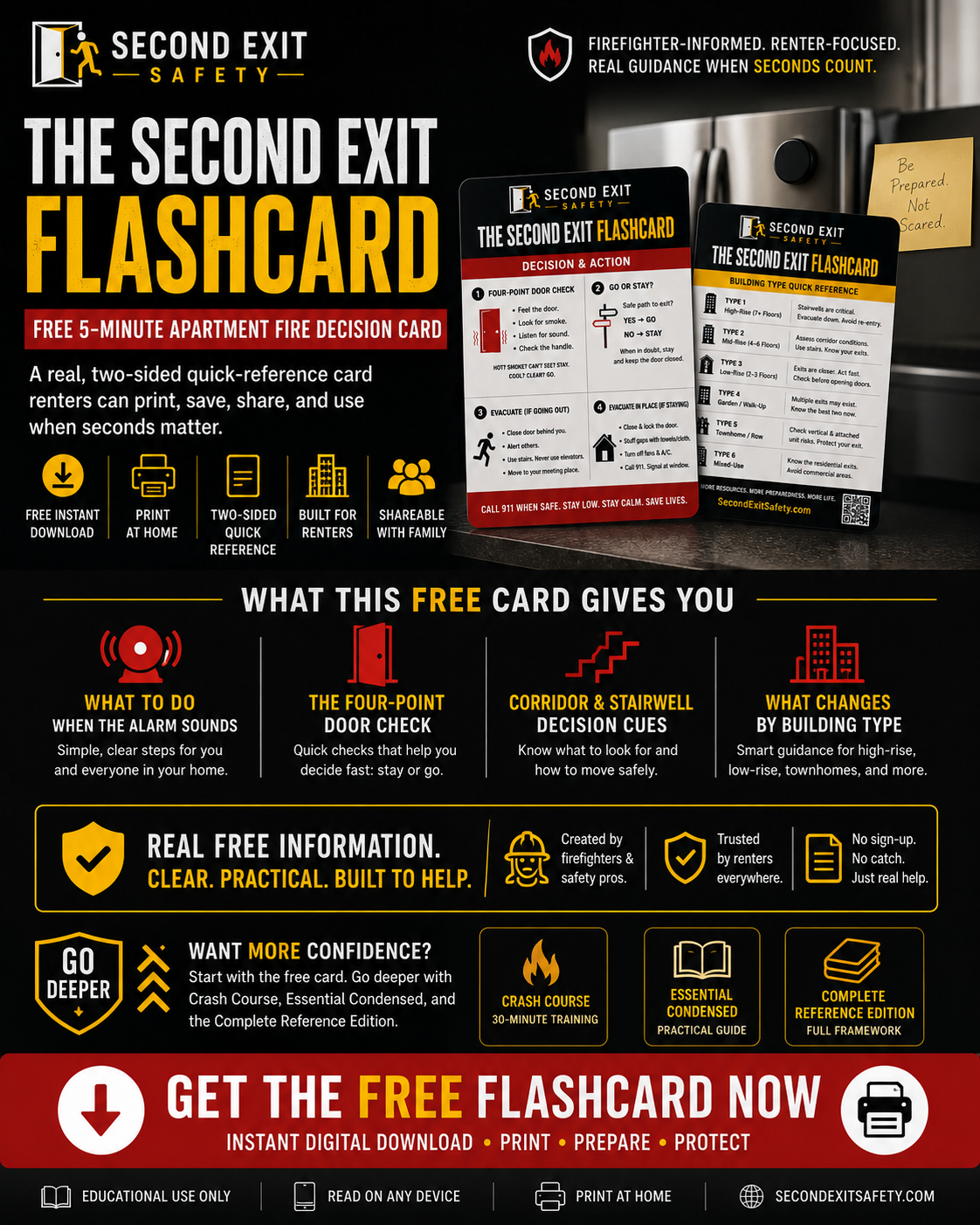 Free Second Exit Flashcard — 5-Minute Apartment Fire Decision Card