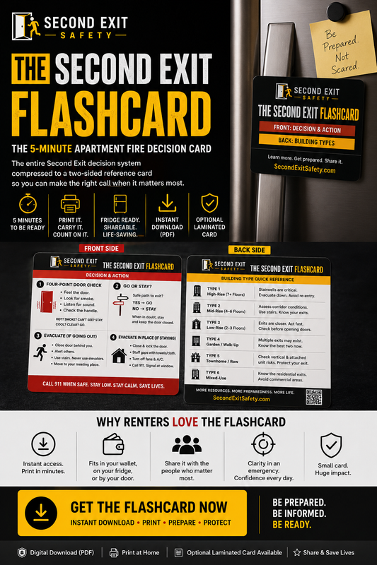 Free Second Exit Flashcard — 5-Minute Apartment Fire Decision Card
